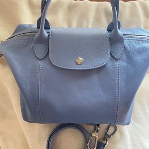 Longchamp Le Pliage Cuir Small, Blue Handbag - made in Morocco